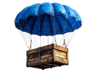 Military-Style Blue Parachute Cargo with Weathered Wooden Box, Top-Down Angle, Transparent Background