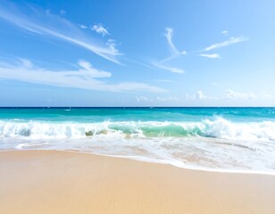 Fototapeta premium Azure sea meets tan sand under a bright blue sky streaked with cirrus clouds, waves breaking on the shore