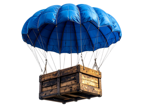 Military-Style Blue Parachute Cargo with Weathered Wooden Box, Top-Down Angle, Transparent Background