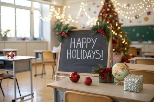 Happy holidays message on blackboard in a festive classroom setting