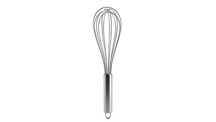 A stainless steel wire whisk, centered against a stark black background, showcasing detail