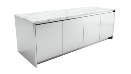 Modern, minimalist kitchen island with white cabinet doors & marble-look countertop