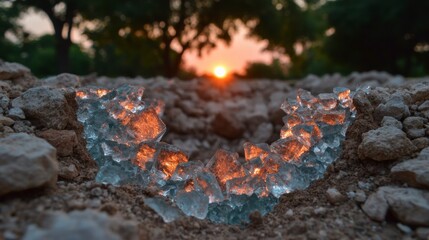 Fototapeta premium Broken glass shards reflect orange sunset light resting on coarse gravel ground outdoors
