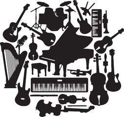Circular Arrangement of Musical Instrument Silhouettes Keywords: music, instrument, guitar, piano, drum, trumpet, harp, violin, keyboard, microphone, silhouette, on transparent background