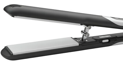 Close-up of a black and silver hair styling tool, open and ready for use