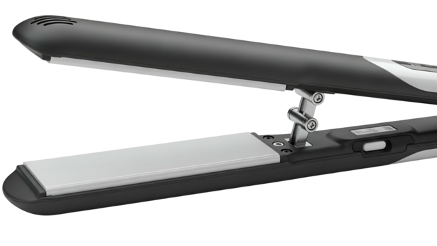 Close-up of a black and silver hair styling tool, open and ready for use