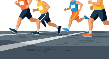 Group of runners competing in a marathon race on an urban street in flat style