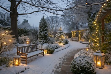 Enchanting snow covered garden path illuminated by warm lanterns and twinkling lights