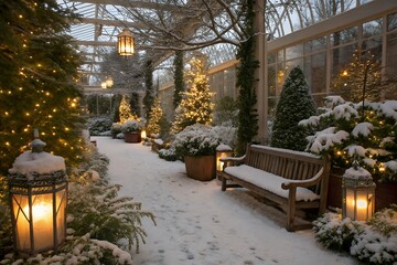 Snowy winter garden path adorned with christmas trees and lanterns