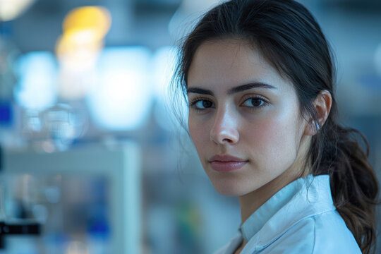 A thoughtful young female scientist in a lab coat looks directly at the camera, with a blurred, illuminated laboratory background. She embodies professionalism and focused research.
