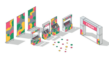 Isometric style colorful event display and finish line design elements for modern exhibitions