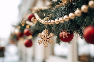 Golden garland and red baubles with snowflake ornaments on a Christmas tree