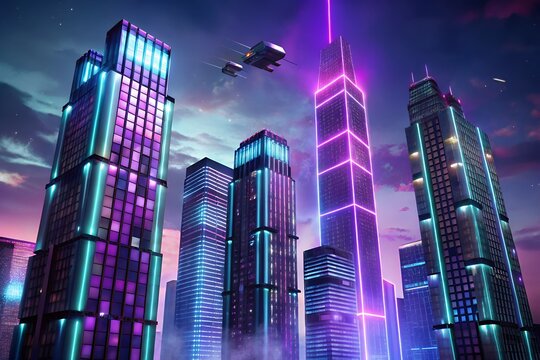Futuristic cityscape with neon skyscrapers and flying vehicle