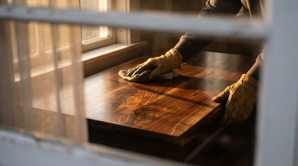 Fototapeta premium Woodworker polishing a rustic wooden table, revealing its rich texture under warm natural light. Ideal for home decor or woodworking projects.