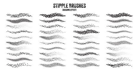 Ink scatter brush, stipple drawing and texturing. Fading gradient. Stippling, dotwork drawing, shading using dots. Halftone disintegration effect. White noise grainy texture. Vector illustration