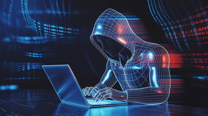 Cybernetic Hacker Anonymous Figure in Digital Matrix