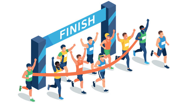 Isometric finish line race with diverse runners celebrating victory