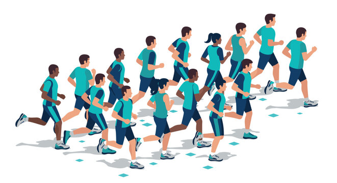 Isometric group of runners exercising in formation for fitness and health