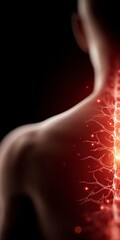 Close up of human shoulder area showing inflamed cervical spine nerves and neural network structure