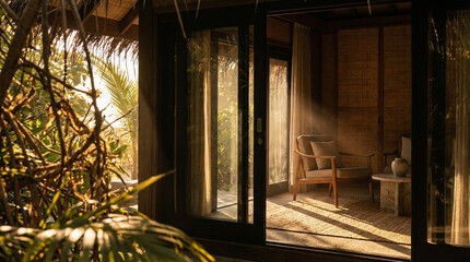 Experience a tranquil interior bathed in natural light, featuring a chair and table surrounded by greenery, perfect for relaxation or home decor ideas.