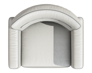 Top view of an armchair, light gray in color, with a rounded shape and straight edges, leather texture, minimalist style, against a white background, high resolution, high quality.
