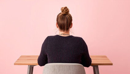 Woman with a bun hairstyle sitting at a desk, back view against a pink background