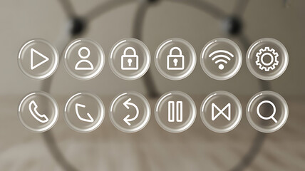 Transparent app icons with play user lock wifi and settings symbols