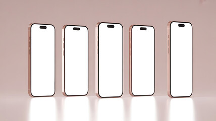 Five modern smartphones with blank white screens on a neutral background
