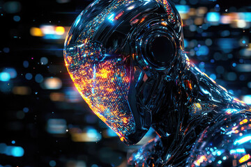 A futuristic metallic humanoid figure with a face made of glowing digital circuits and colorful lights, embodying advanced AI or cyberspace.