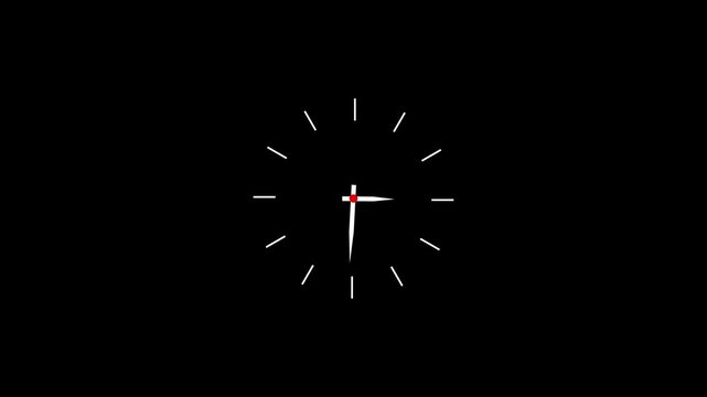Twelve hours clock run, moving time arrows, 12 hours clock dial loop, twenty-four hours time lapse animation, Hours appear on a white background and quickly go