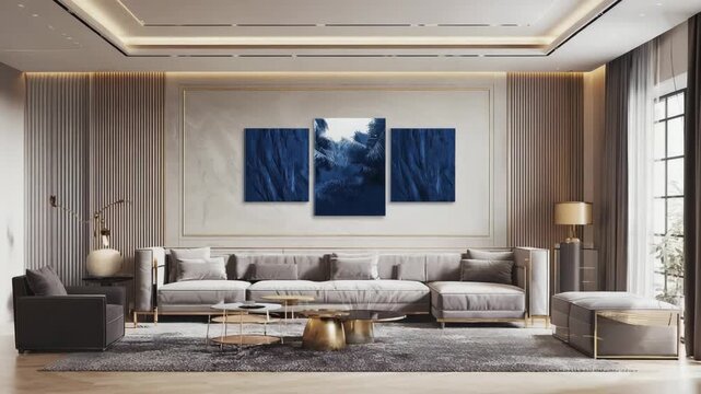 Luxurious contemporary living room with a comfortable grey sectional sofa and brass details. Upscale apartment interior featuring a blue triptych artwork and modern decor