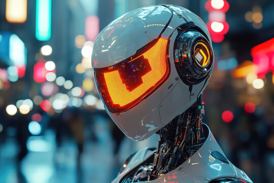 A futuristic white robot with glowing orange eyes stands in a vibrant, blurred cyberpunk city background, showcasing advanced AI technology.