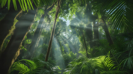 Lush green tropical jungle with dense foliage and sun rays penetrating through canopy creating mystical atmosphere in vibrant ecosystem with thriving plants and trees