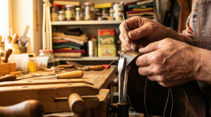 Detailed view of a craftsman sewing leather with precision in a well-equipped workshop, ideal for showcasing craftsmanship in ads or blogs.