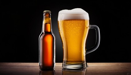 Refreshing Beer Glass And Bottle Illustration On Black Background