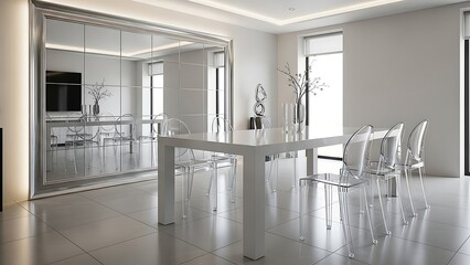 Modern Minimalist Dining Room with Reflective Surfaces and Natural Light.