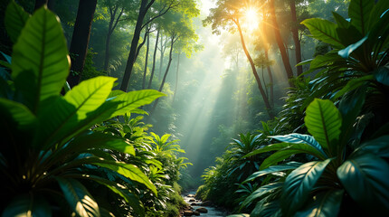 Vibrant green forest scenery with sunlight streaming through trees creating natural and serene environment for exploration and tranquility in lush landscape with plant life