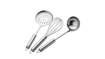 Kitchen utensils slotted spoon, whisk, and ladle arranged on a black background