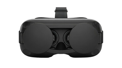 A close-up of a black virtual reality headset, lenses and strap visible
