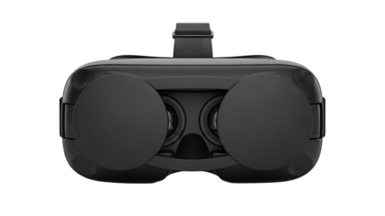 A close-up of a black virtual reality headset, lenses and strap visible