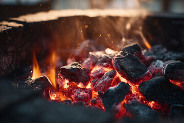 燃える炭火のクローズアップ
