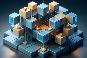 Abstract geometric network of interconnected cubes and blocks