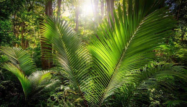 Lush Green Tropical Forest Depicting Dense Foliage With Palm Fronds And Vibrant Sunlight