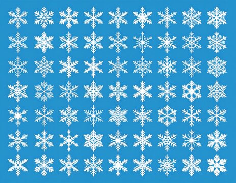A collection of detailed, white snowflake illustrations on a vibrant blue background, showcasing various crystal structures