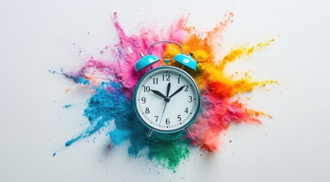 Colorful powder explosion surrounds a light blue alarm clock