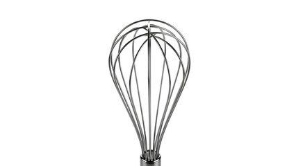 A stainless steel whisk is isolated against a stark black background, showcasing its intricate design