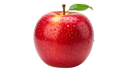 Shiny red apple with water droplets and a green leaf, isolated on black background