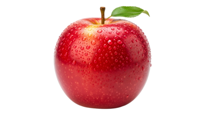 Shiny red apple with water droplets and a green leaf, isolated on black background