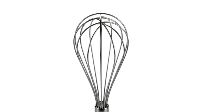 A stainless steel whisk is isolated against a stark black background, showcasing its intricate design