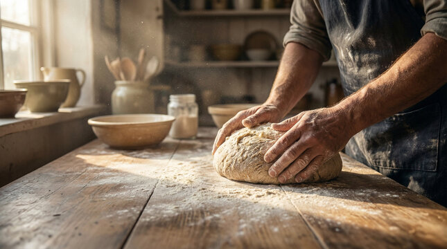 Hands kneading dough on a wooden table in a rustic kitchen, ideal for cooking articles or artisan baking showcases.